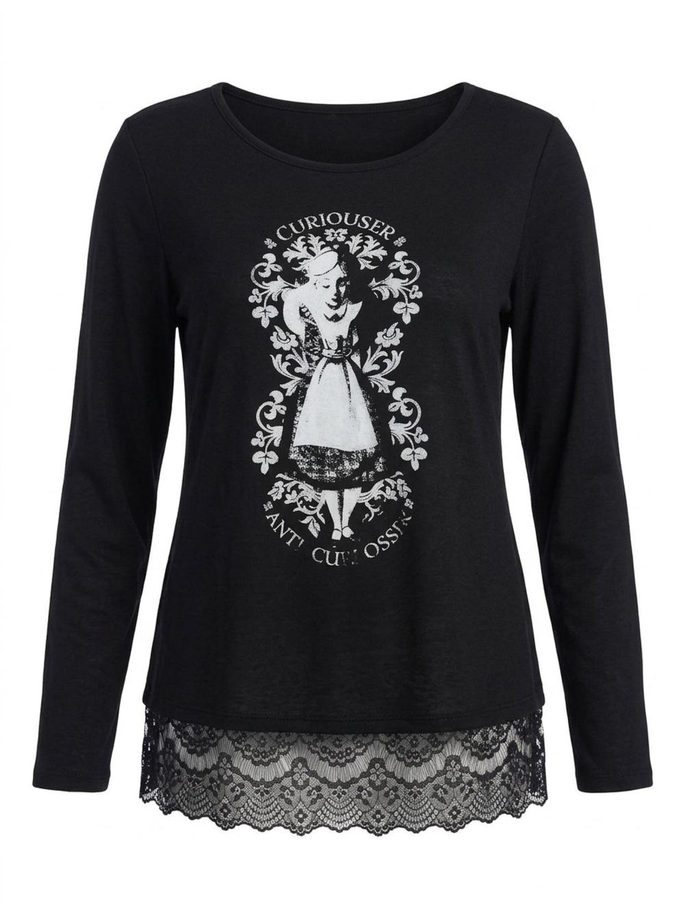 Disney Black Long-Sleeve 'Curiouser' Graphic Top with Lace Hem